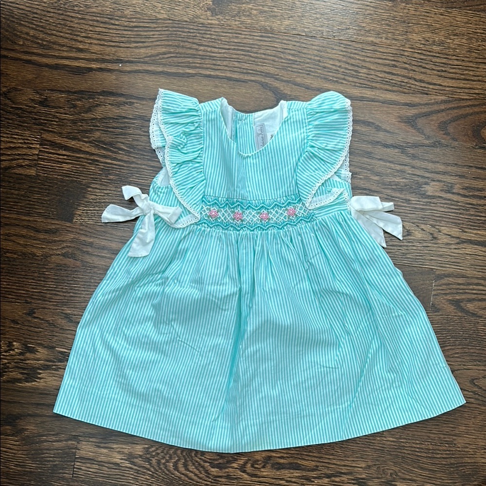 Petit Ami Aqua Striped Dress with White Accents, Ruffle Sleeves